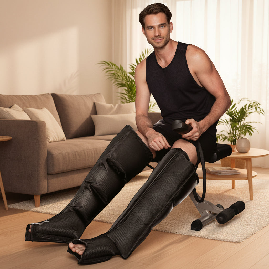 RecoActive Airwave Pro leg massager providing 360° air compression, worn by a man relaxing at home.