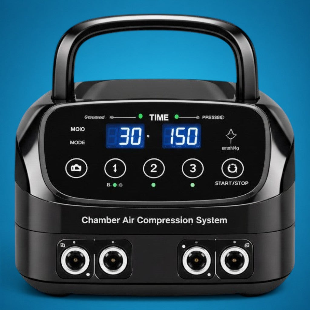 RecoActive Recovery Boots Pro 6-chamber air compression control unit with adjustable time and pressure settings.