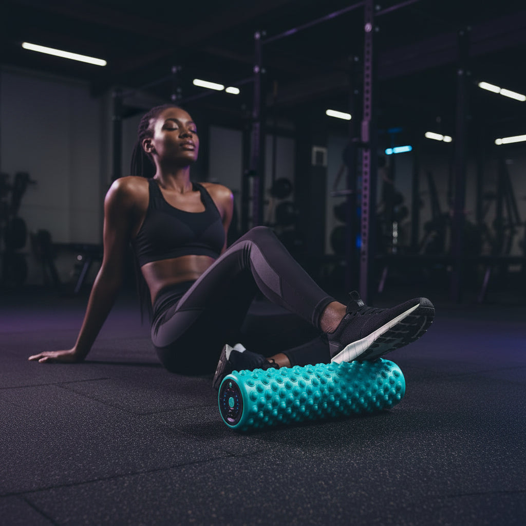RecoActive Foam Roller Pro being used for muscle recovery after a workout at the gym.