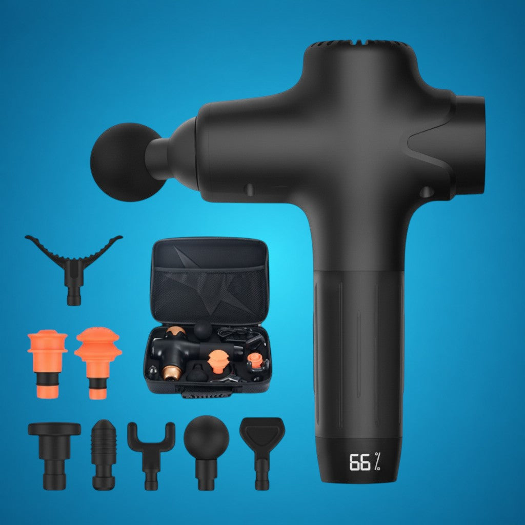 RecoActive Massage Gun Pro in black with full accessory set and carrying case.