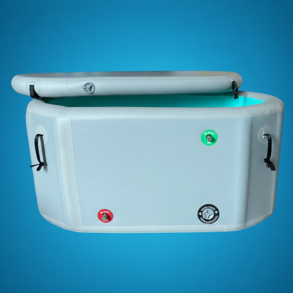 Gray commercial ice bath with water for cold therapy
