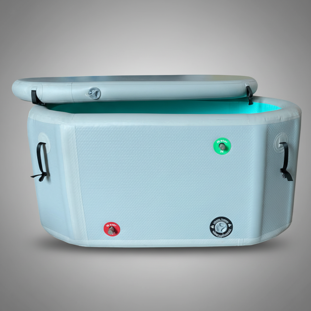 Gray commercial ice bath with water for cold therapy