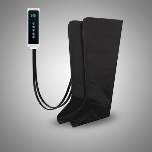 Air compression massage boots with white controller for full leg recovery