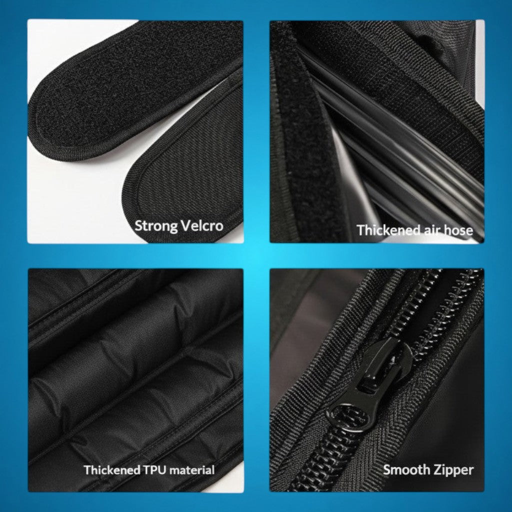 RecoActive Recovery Boots Pro design details: strong velcro straps, thickened air hose, TPU material, and smooth zipper.