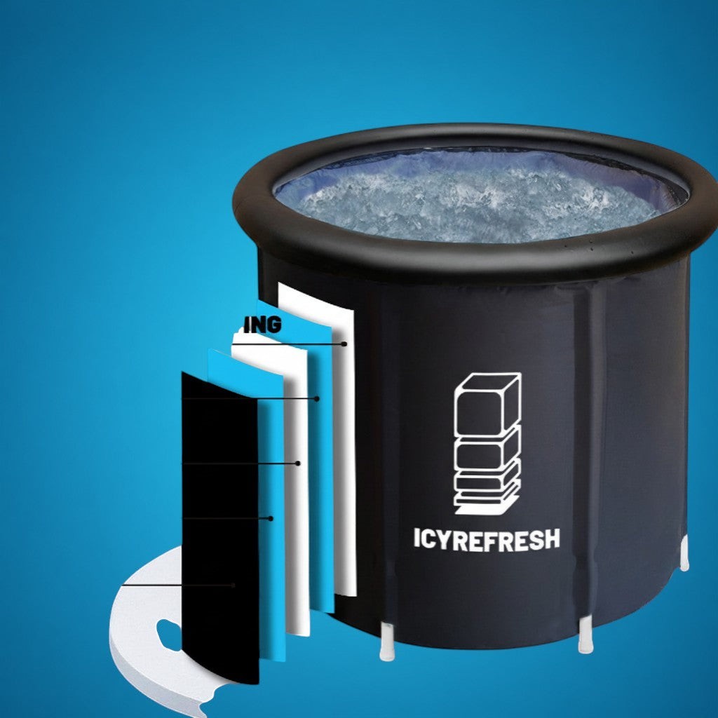RecoActive Ice Bath Pro foldable cold plunge tub showing 5-layer insulation construction.