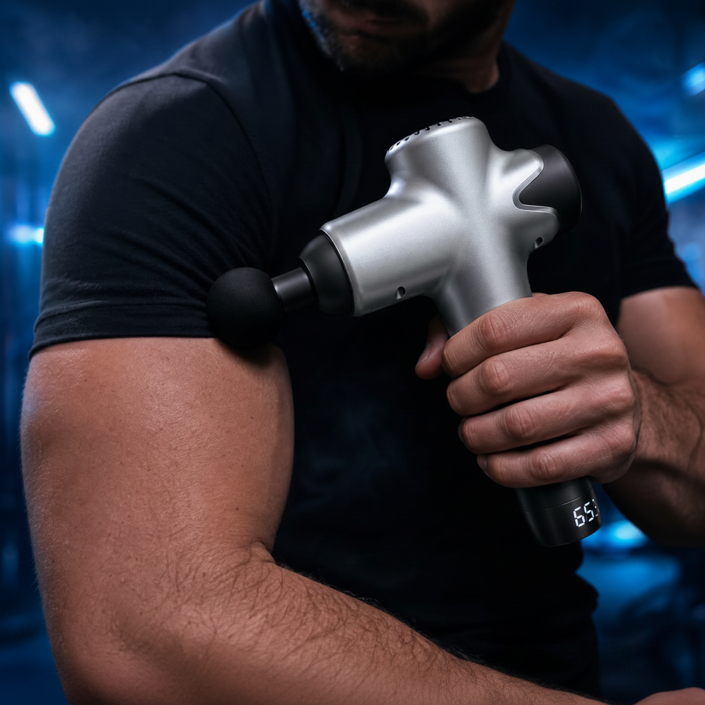 RecoActive Massage Gun Pro in silver, held by an athlete for deep tissue percussion therapy.
