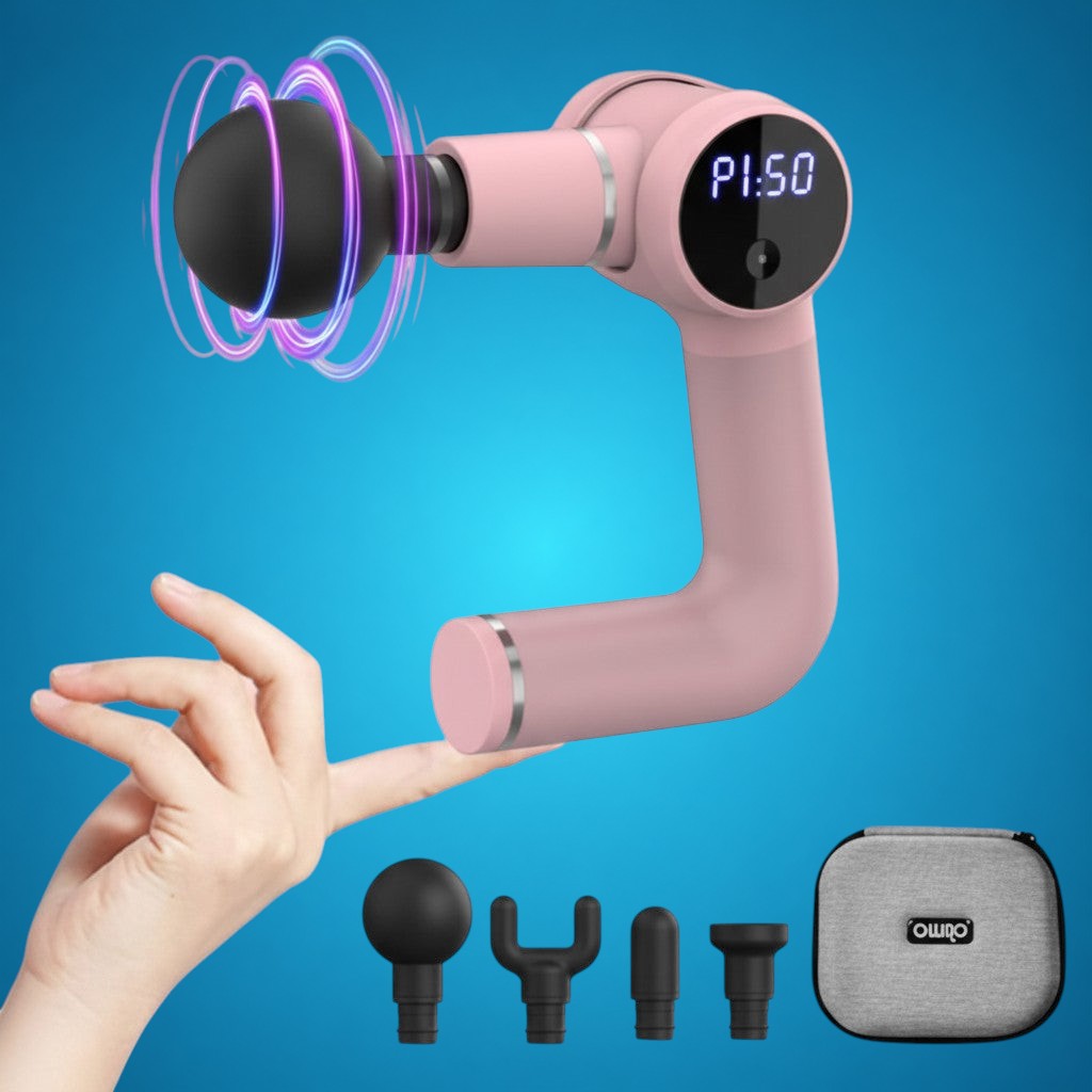 RecoActive Massage Gun Mini in pink with professional accessories and carrying case.