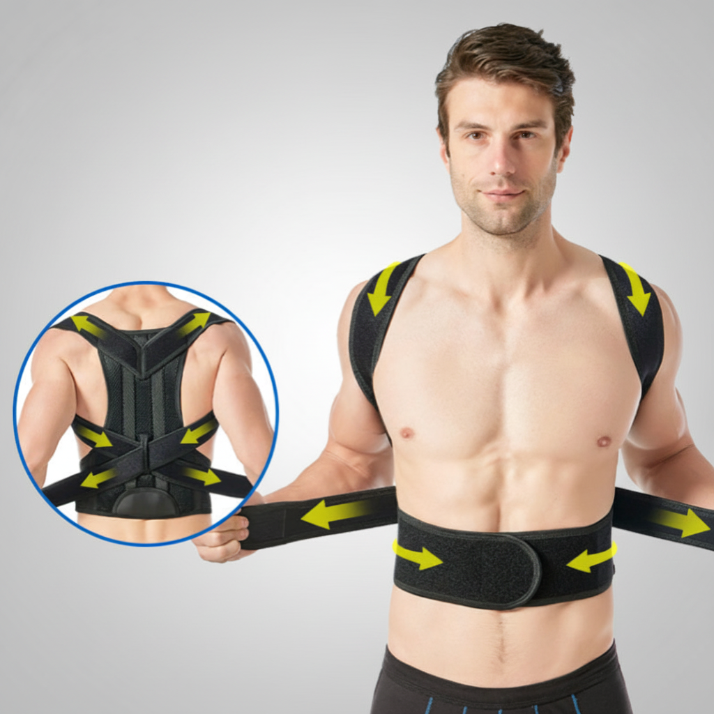 Posture corrector with adjustment features and back view detail