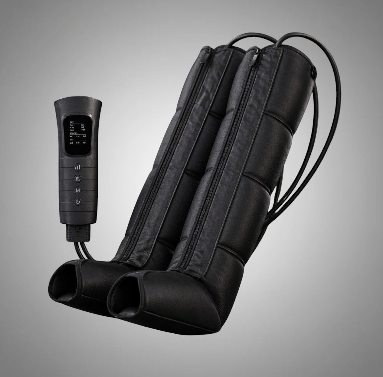 RecoActive Airwave Leg Massager in black, featuring 6 modes and 3 pressure levels for home recovery. Includes a digital controller.