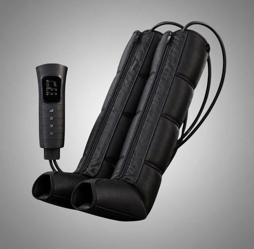 RecoActive Airwave Leg Massager in black, featuring 6 modes and 3 pressure levels for home recovery. Includes a digital controller.