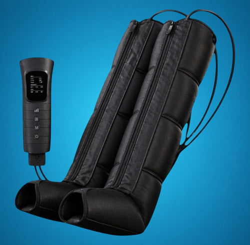 RecoActive Airwave Leg Massager in black, featuring 6 modes and 3 pressure levels for home recovery. Includes a digital controller.