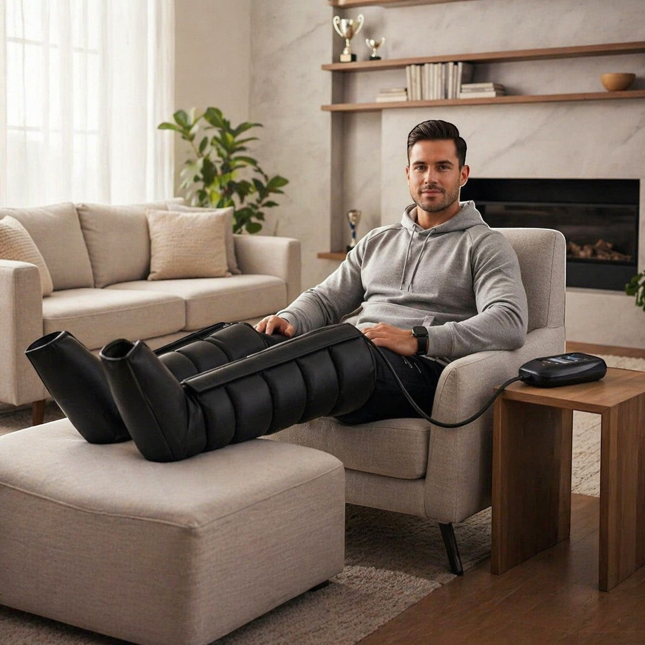 RecoActive black six-chamber air compression leg massager with controller, used by a man relaxing in a chair.