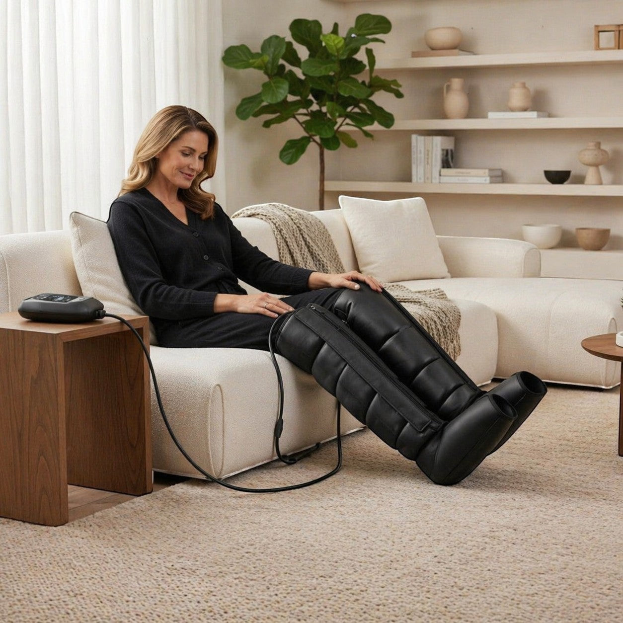 RecoActive black six-chamber air wave leg massager with controller, worn by a woman relaxing on a sofa.