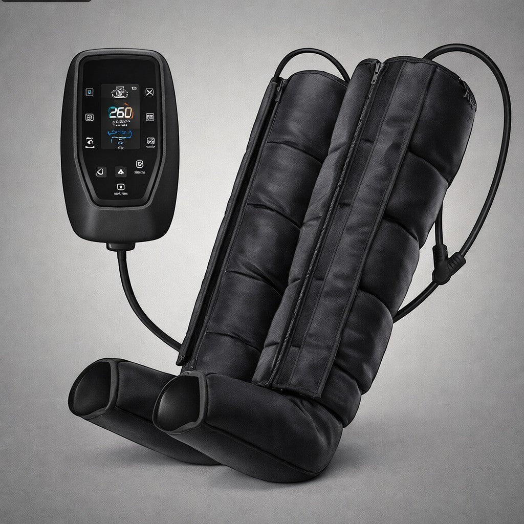 RecoActive black six-chamber air wave leg massager with controller for rehabilitation and relaxation.