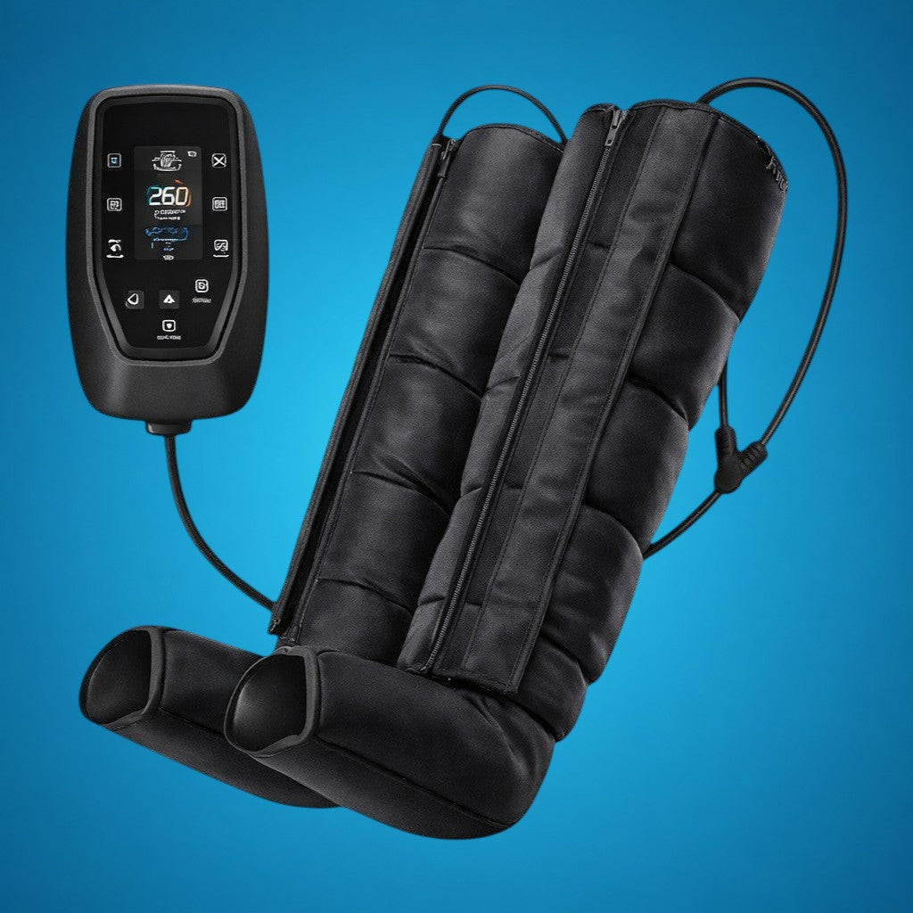 RecoActive black six-chamber air wave leg massager with controller for rehabilitation and relaxation.