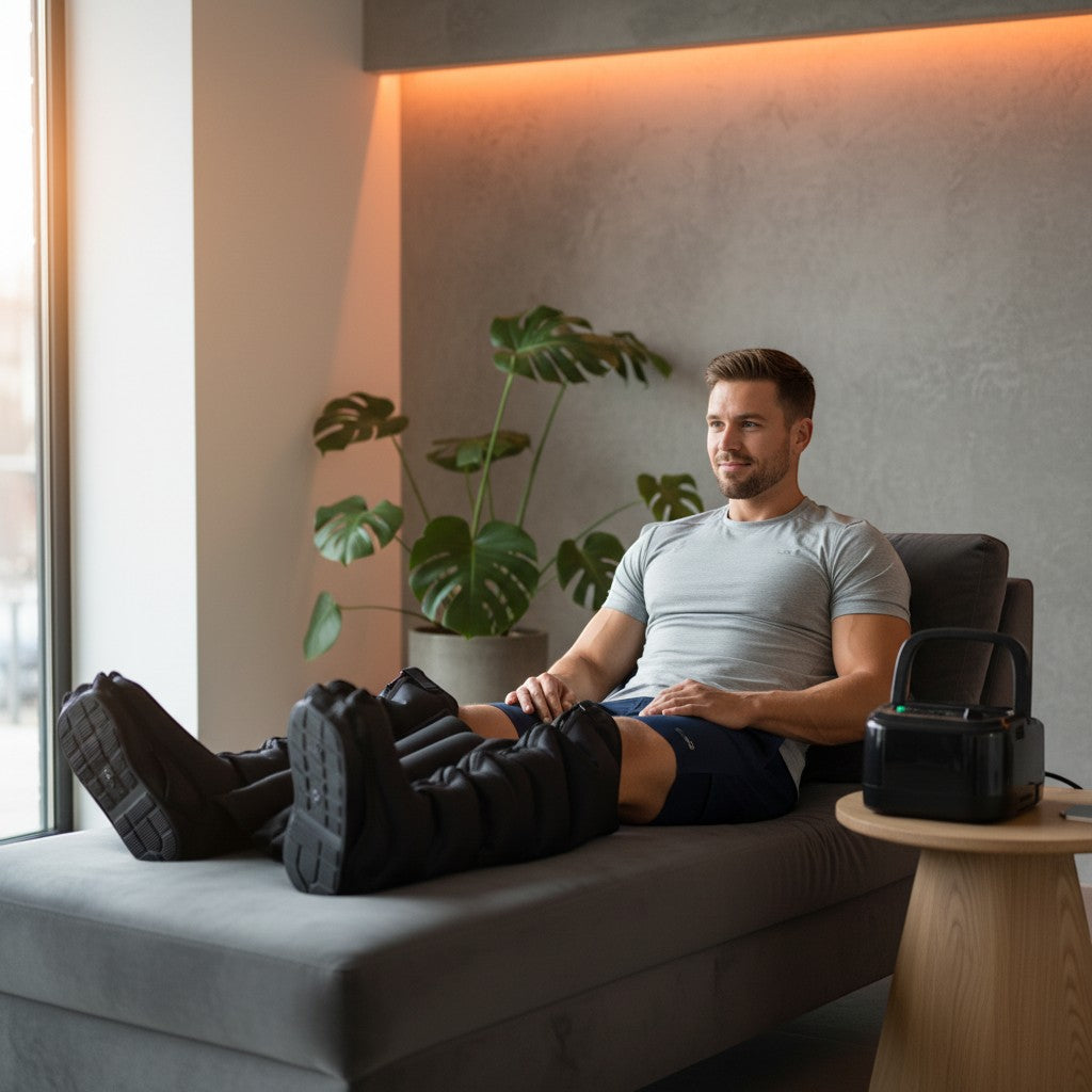 RecoActive 6-chamber dual leg recovery boots with air-pressure massage, black, size L/XL.