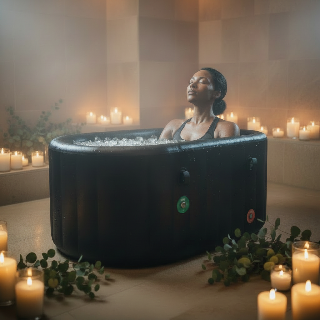 RecoActive Ice Bath Elite heavy-duty cold plunge tub, relaxing spa-like setting with candles.