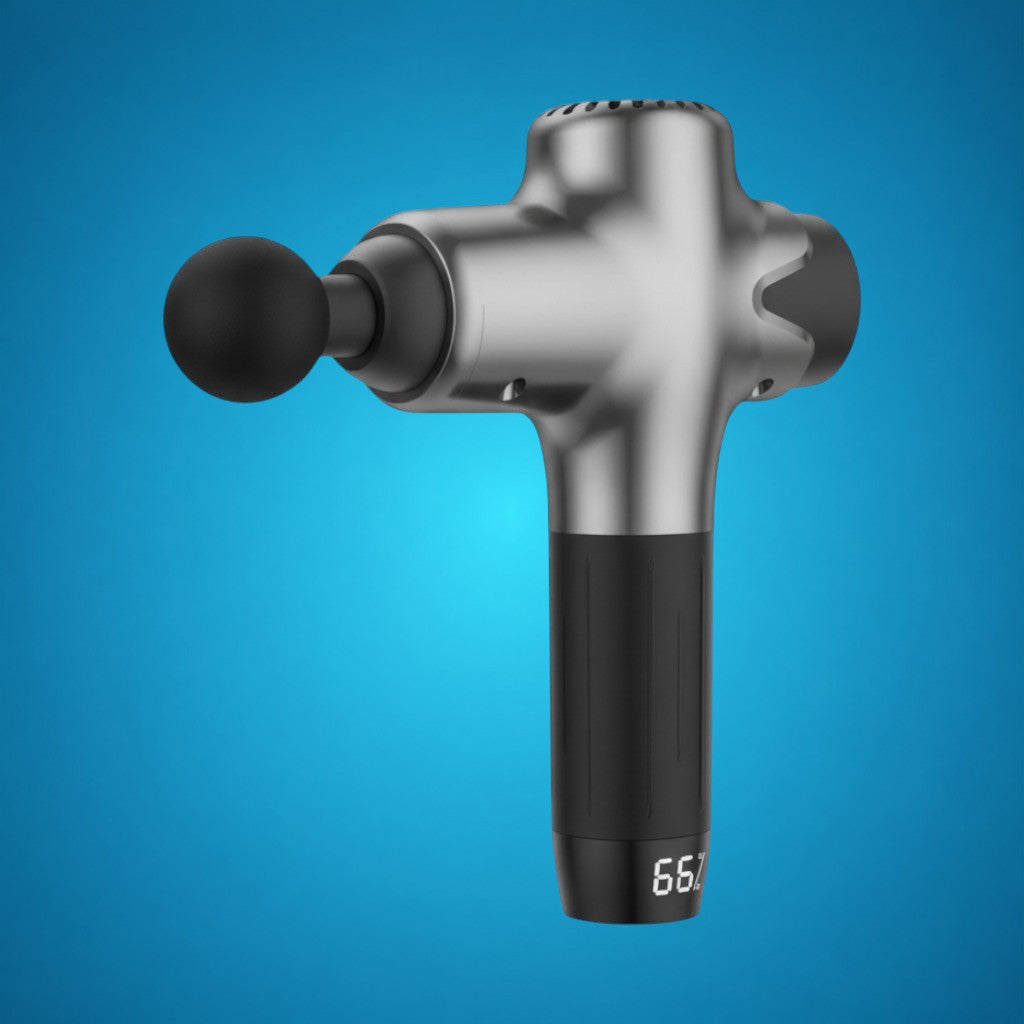 RecoActive Massage Gun Pro in silver, professional percussion massager for deep tissue therapy.