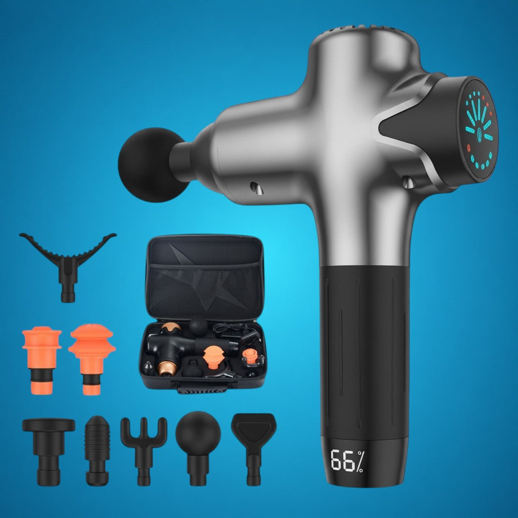 RecoActive Massage Gun Pro in silver with carrying case and interchangeable massage heads.