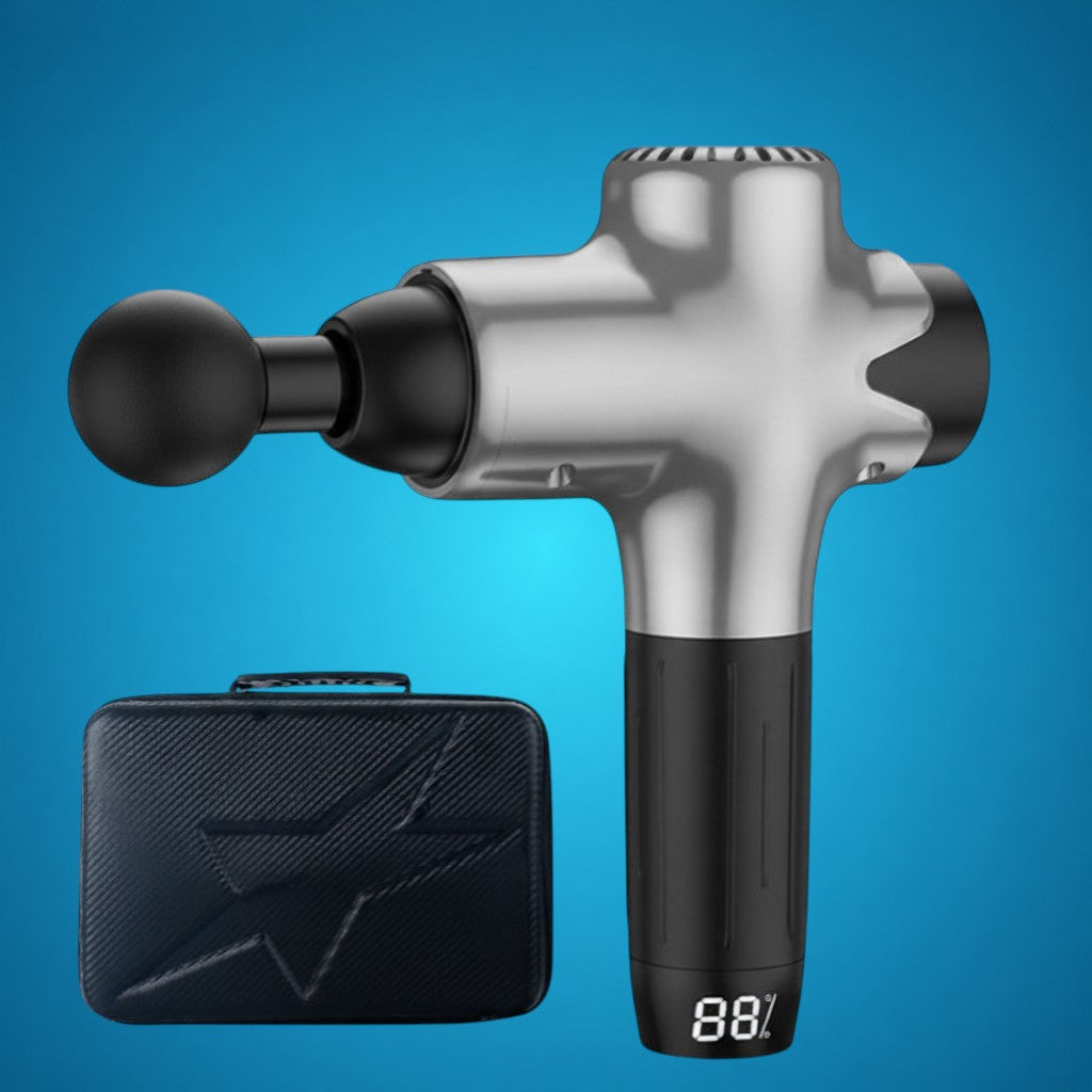 RecoActive Massage Gun Pro in silver shown with size dimensions and travel case.